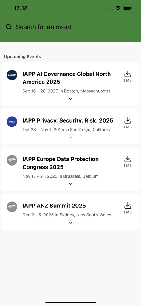 IAPP Events - Pantalla de la aplicación móvil que muestra una lista de próximas conferencias de privacidad y seguridad de la IAPP