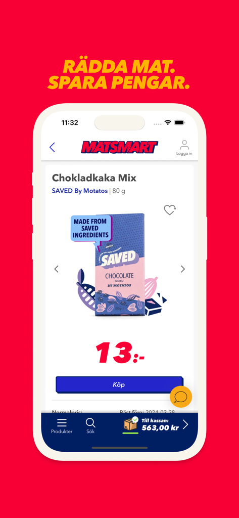 Matsmart - Aplicação móvel Matsmart exibindo uma página de produto para uma barra de chocolate com desconto feita com ingredientes salvos