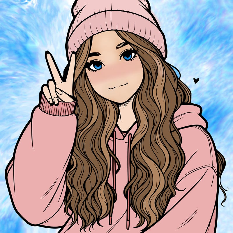 a teenage girl in a beanie, oversized sweatshirt, wavy long hair, and is showing a ✌️