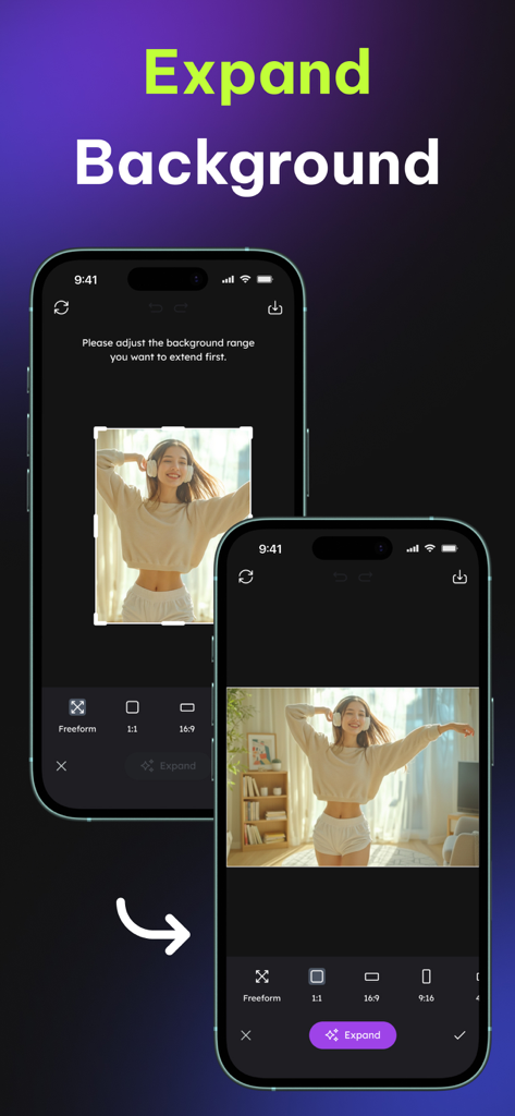 Pixie: AI Photo & Video Editor - Una interfaz móvil que muestra la aplicación Pixie expandiendo el fondo de una foto usando IA
