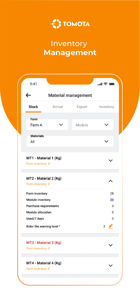 Interfaccia dell'app mobile Tomota che mostra la gestione dei materiali e i livelli di stock per un'operazione di allevamento di gamberi