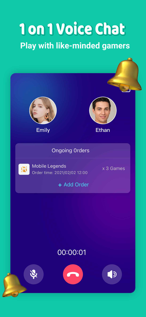 A screen interface of the Lita app showing a one on one voice chat between two gamers for Mobile Legends