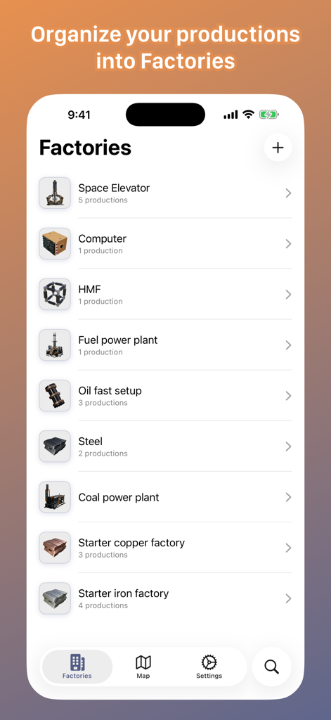 Satisfactory Helper mobile app interface displaying a list of custom factory production plans including Space Elevator and Computer setups.