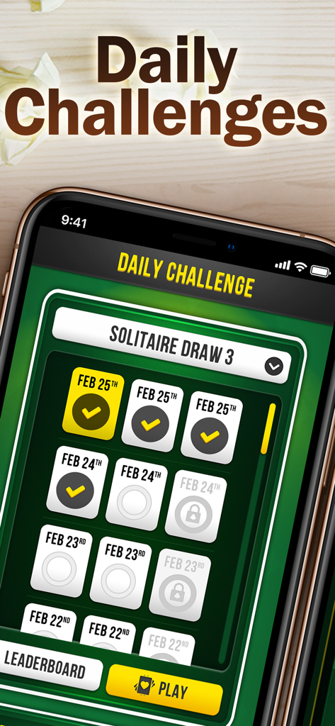 Daily Challenges calendar screen within the Solitaire Bliss Collection mobile app showing completed dates and rewards.