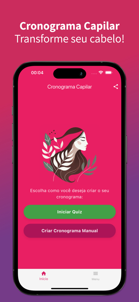Cronograma Capilar Fácil - Tela inicial do aplicativo Cronograma Capilar mostrando opções para iniciar um quiz personalizado de cuidados com o cabelo ou criar um cronograma manual.