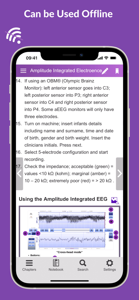 Neonatal Guide - Neonatal Guide app screenshot showing clinical instructions for EEG monitoring and highlighting offline functionality.