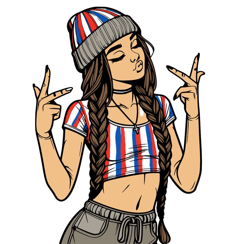 realistic teenage girl with braids and a beanie and crop top doing 🫶🏼