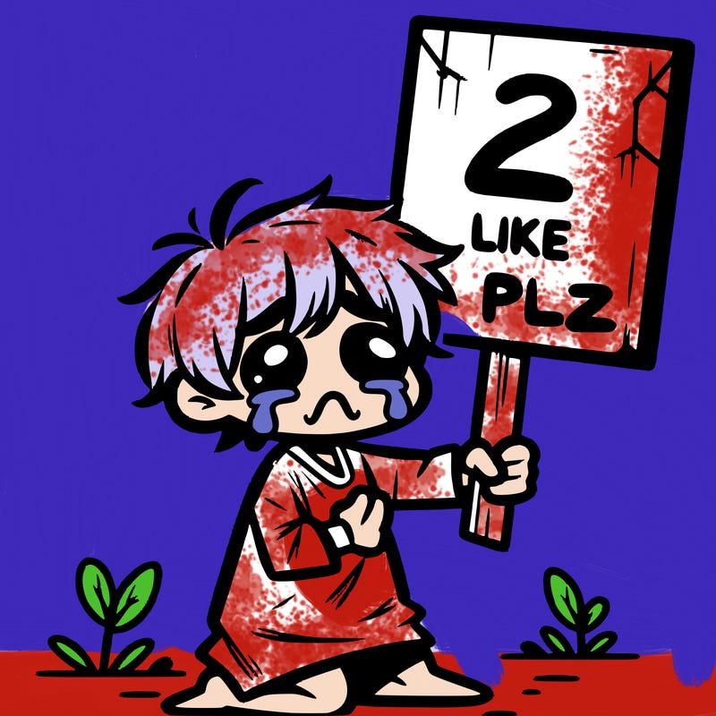 small poor toddler crying with sign that says 2 like plz