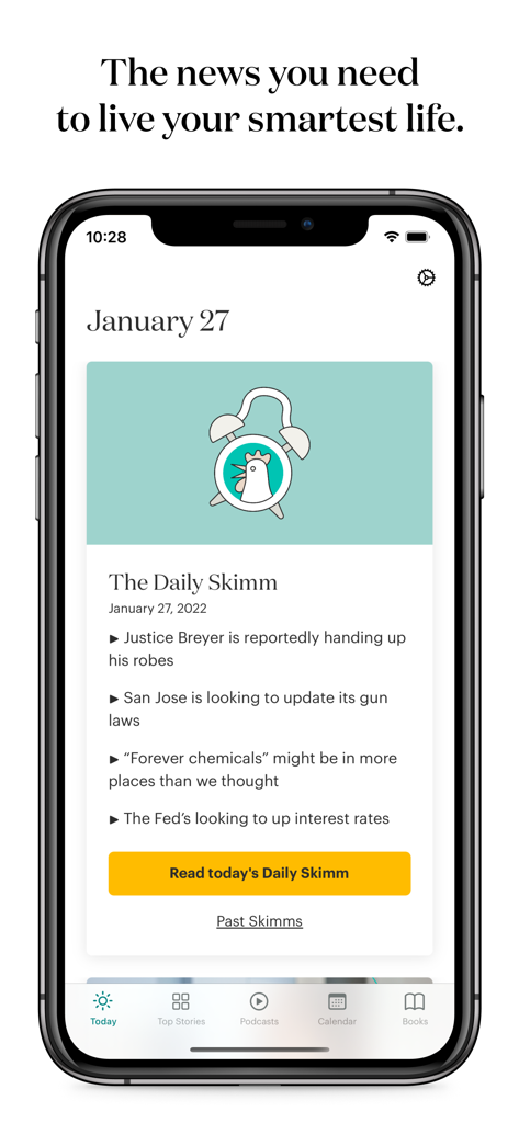 theSkimm - Smartphone screen showing theSkimm app daily newsletter with bulleted news headlines and a yellow button to read more.