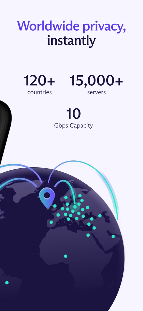 Proton VPN interface showing global server coverage with over 15000 servers in 120 countries and 10 Gbps capacity