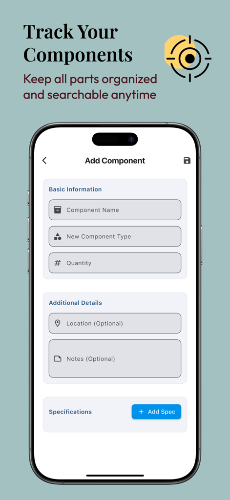 Ohmify - electronics tools - The Add Component screen in the Ohmify app for organizing electronic parts inventory