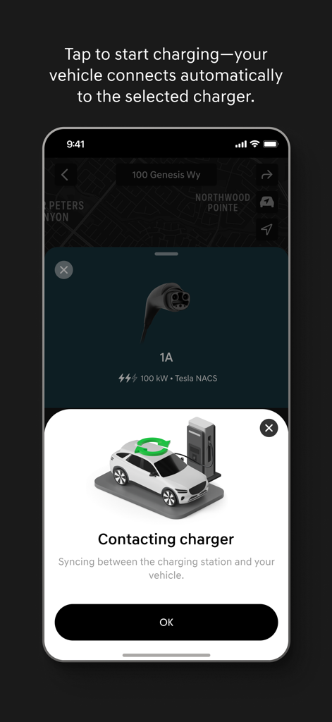 Genesisアプリのインターフェース。車両と電気充電ステーション間の接続プロセスを表示しています。