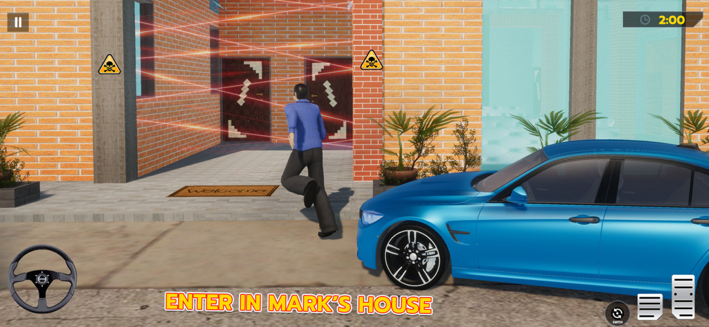 Thief  Sneak Robbery Simulator - 青い車の隣にある赤いセキュリティレーザーに守られた家の入り口に近づく青いシャツのキャラクター