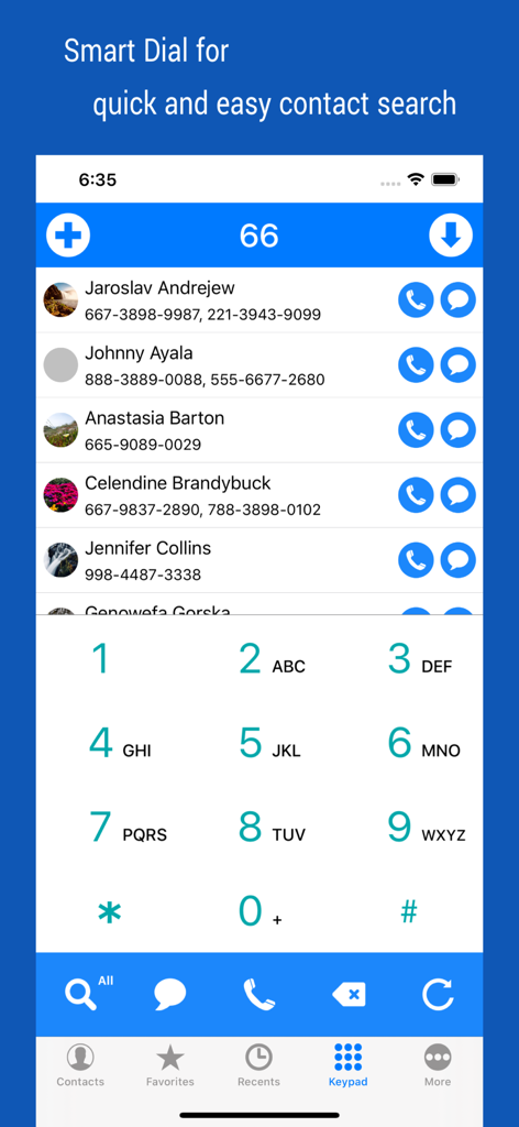 Smart search dial interface in the iContacts app showing a filtered contact list and numeric keypad.