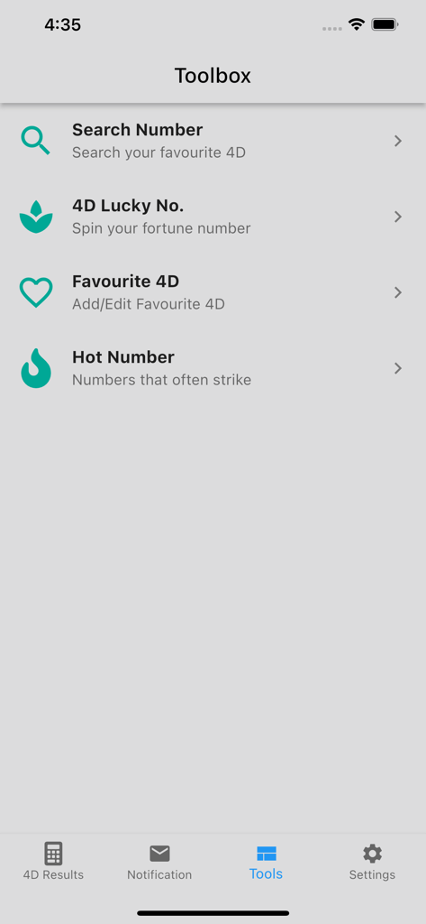 4D King V2 Live 4D Results - The Toolbox screen of the 4D King V2 app featuring lottery number search and lucky number generators
