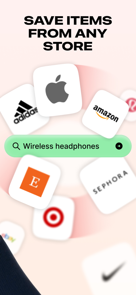Graphic showing popular brand logos like Amazon and Sephora with the text Save items from any store.