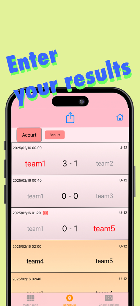 iPhone screen displaying a tournament schedule with match results and team scores.
