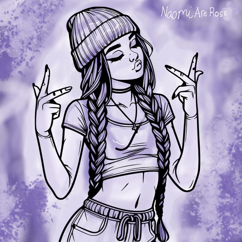 realistic teenage girl with braids and a beanie and crop top doing 🫶🏼