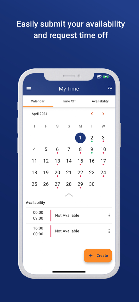 Interfaccia dell'app mobile Crunchtime Teamworx che mostra il calendario delle disponibilità dei dipendenti e delle richieste di ferie.