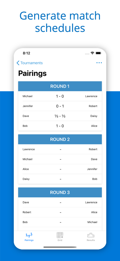 スポーツ大会の対戦カードとラウンドスケジュールを表示するTournament Makerアプリのインターフェース。