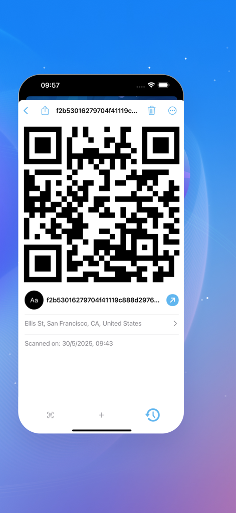 Bitcoin Mining – Crypto Miner - Interfaz de la aplicación Bitcoin Miner mostrando un código QR escaneado para una dirección de criptomoneda con detalles de ubicación y marca de tiempo