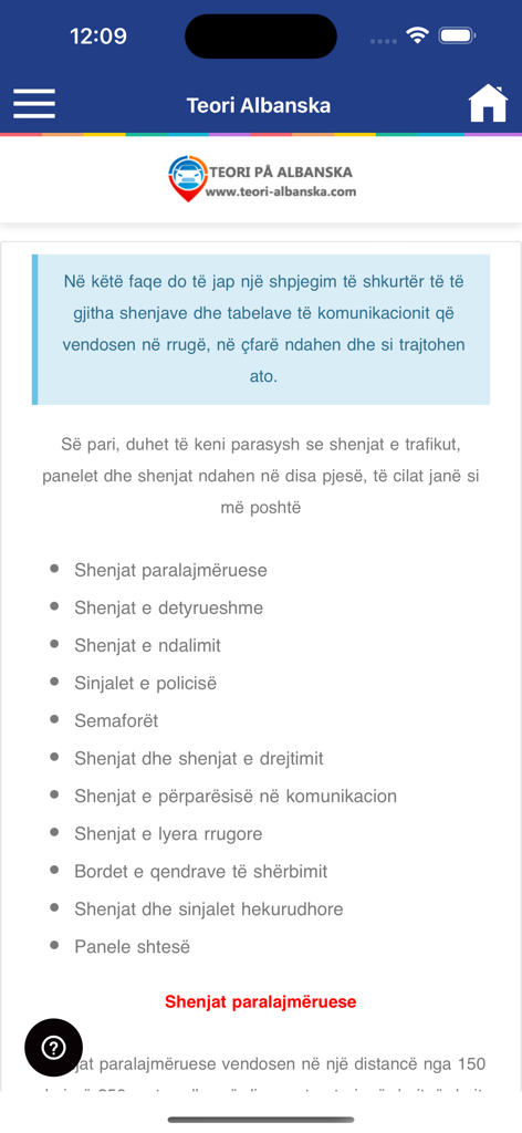 Liste der Verkehrsschilderkategorien in der Teori På Albanska App für das Studium der schwedischen Führerschein-Theorie.