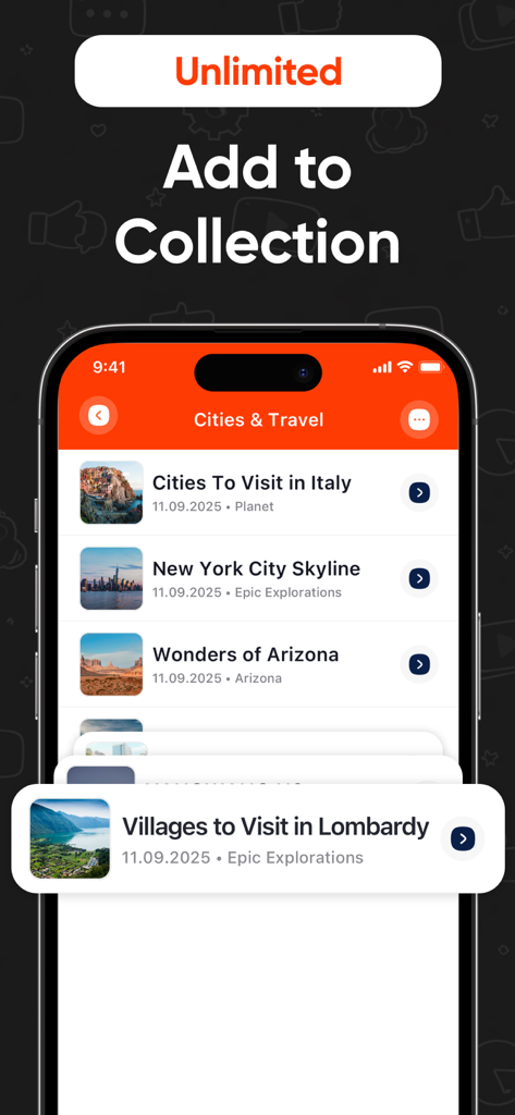 YouGet - Video Saver - Interface do aplicativo YouGet mostrando vídeos de viagem organizados em uma pasta de coleção Cidades e Viagem