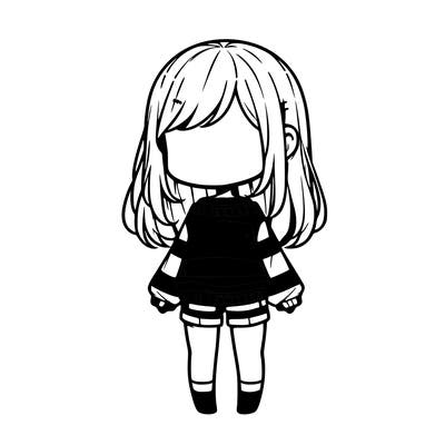 chibi girl with no face long hair striped long sleeved shirt and shorts