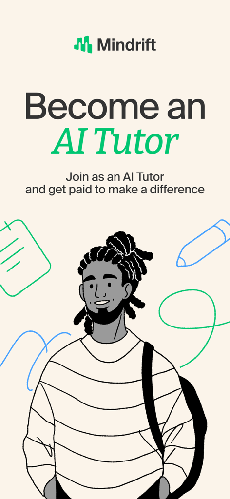 Mindrift app welcome screen showing the text Become an AI Tutor and an illustration of a young man.