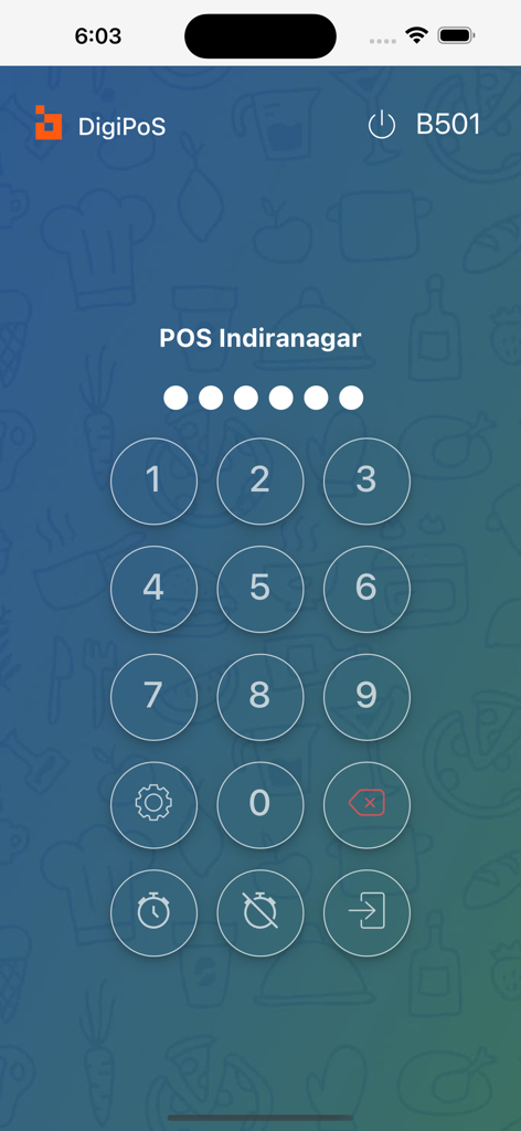 Digitory DigiPoS - DigiPoS App-Login-Bildschirm mit einem numerischen Tastenfeld für Restaurantmitarbeiter