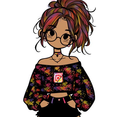 girl with a messy ponytail glasses a baggy crop top and jean shorts