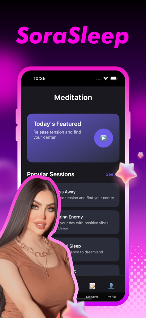 The SoraSleep app meditation screen displaying featured and popular meditation sessions.