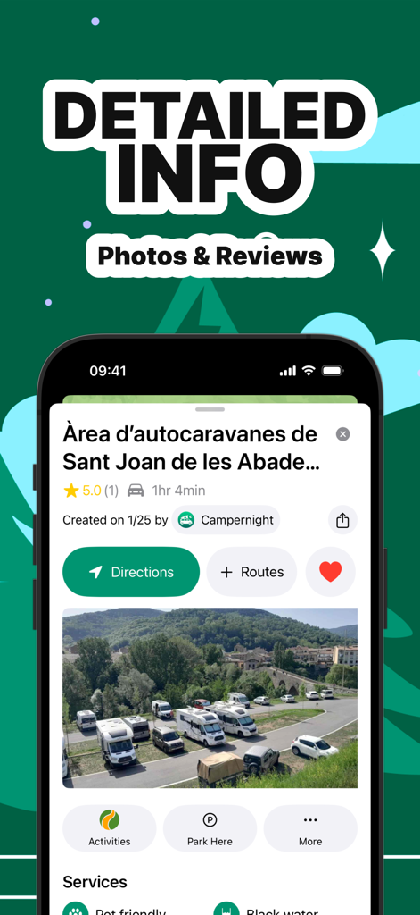 Campernight RV & Camper Spots - Detailed information screen in the Campernight app showing photos and services for an RV camper spot.