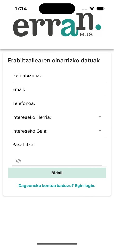 Erran app registration screen with Basque language user data fields