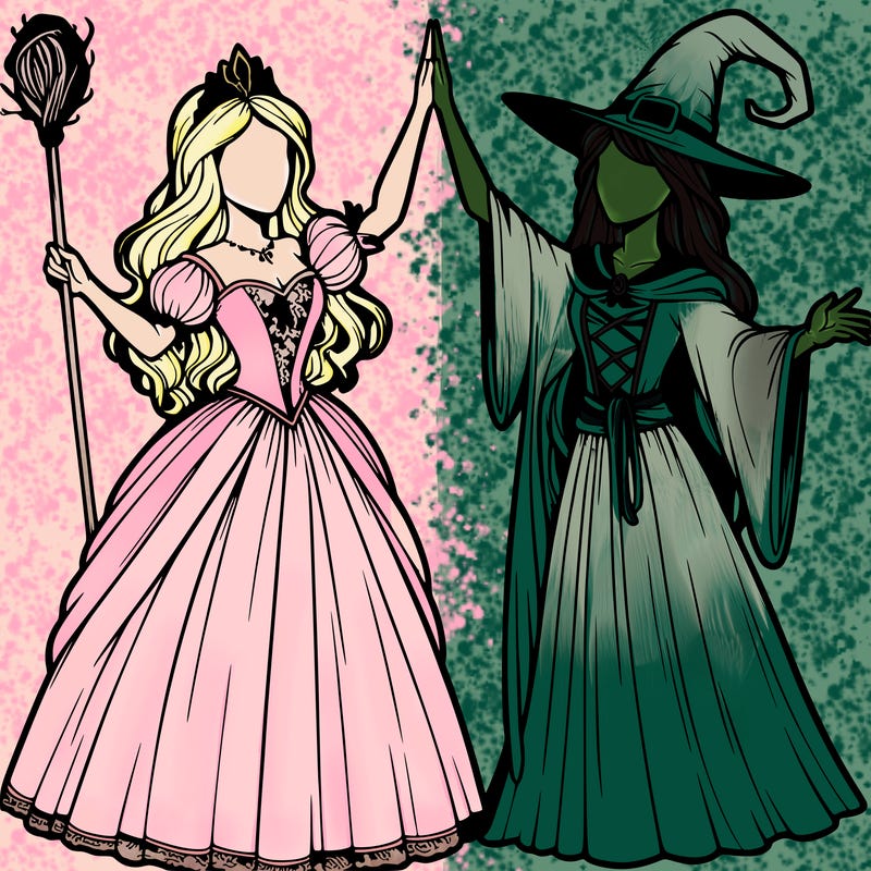 detailed realistic split of a princess and a witch