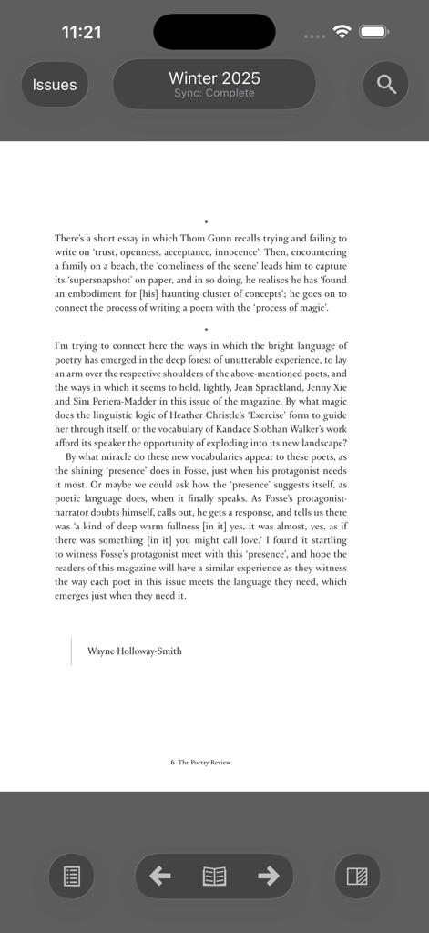 A literary essay page within The Poetry Review app reader interface