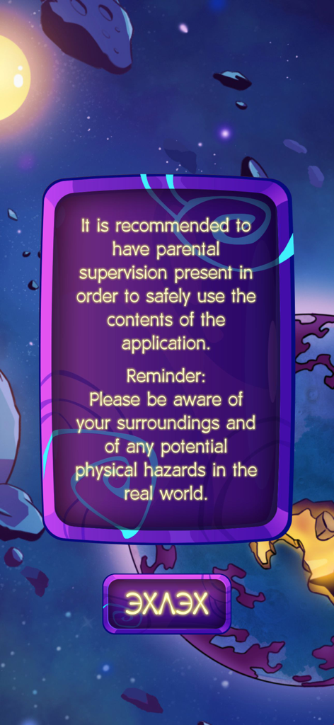 Pips comics - Pantalla de advertencia de seguridad y supervisión parental para la aplicación Pips comics con un fondo cósmico