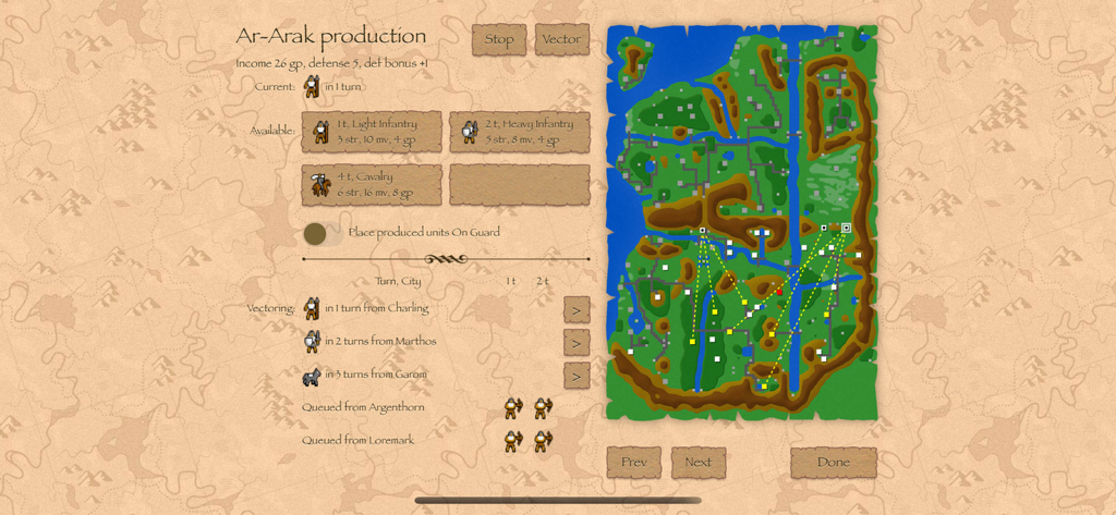 Warlords Classic Strategy - Warlords Classic Strategy production menu showing unit recruitment and map overview