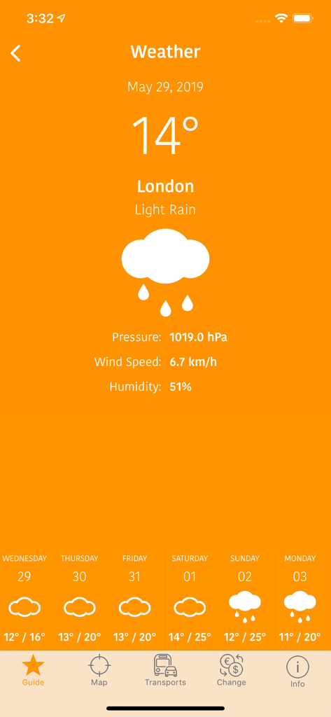 London Map and Travel Guide - 런던 여행 가이드 앱의 날씨 섹션에 약간의 비와 기온 예보가 표시됨