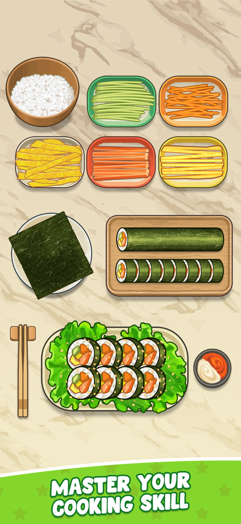 Cookingo: Perfect Meal - Etapas de preparo e empratamento de sushi no jogo aconchegante de culinária Cookingo