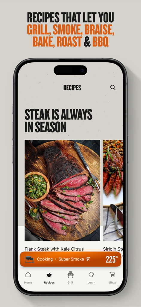 Traeger-App zeigt ein Flank-Steak-Rezept mit einem Statusbalken, der eine Gartemperatur von 225 Grad anzeigt.