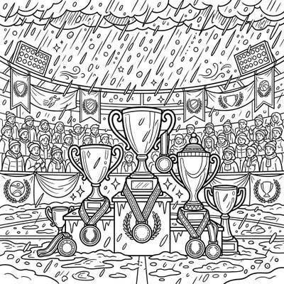 Dive into the thrilling atmosphere of a major sports event, even as sleet falls, with this exciting coloring page. Featuring a stadium packed with fans, gleaming trophies, and victory medals, it promises a dynamic coloring adventure.