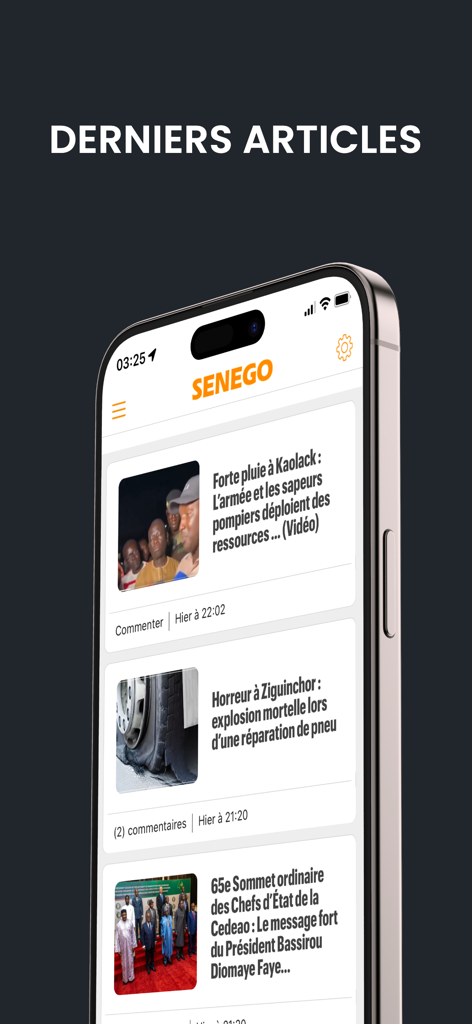 Senego: Actualité au Sénégal - Smartphone screen displaying the latest news articles on the Senego app interface.