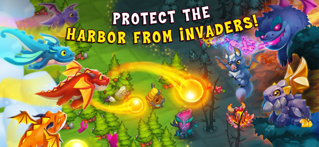 Colorful dragons defending their harbor from invaders in World Above Merge games