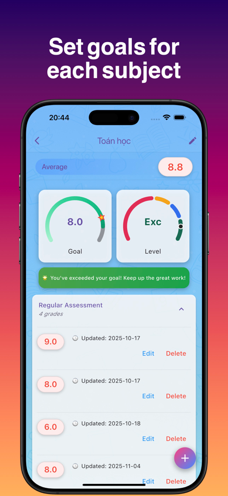 myGrade: Student Grade Report - Interface of the myGrade app showing grade goals for a specific subject with average score calculation and a list of recorded assessment grades.
