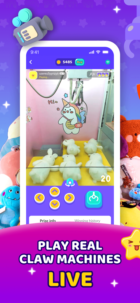 Live claw machine gameplay in the Claw Eden app featuring bunny plushie prizes and touch controls