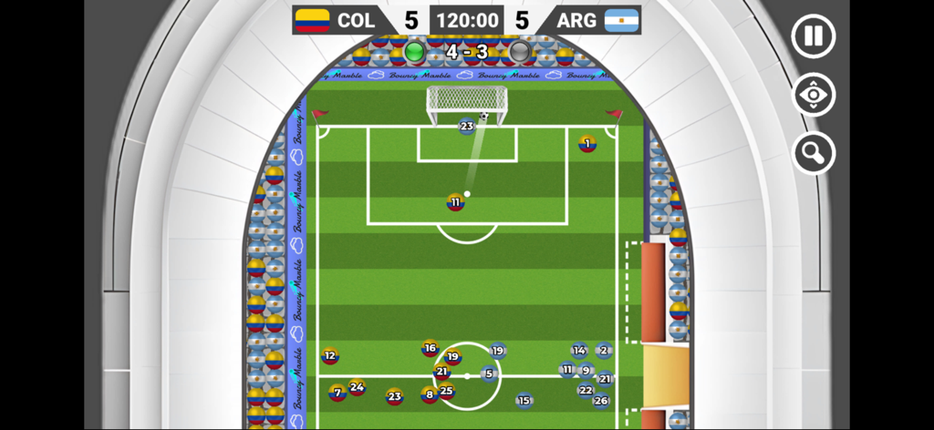 Marble Soccer - Top-down view of a marble soccer match between Colombia and Argentina in a stadium.