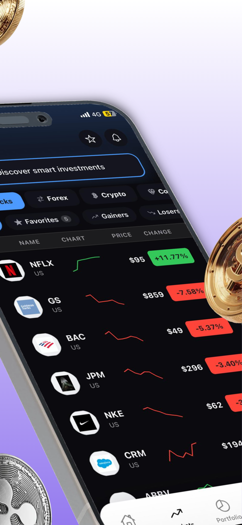 novo-x - Mobile app interface showing real-time stock market data and investment tracking
