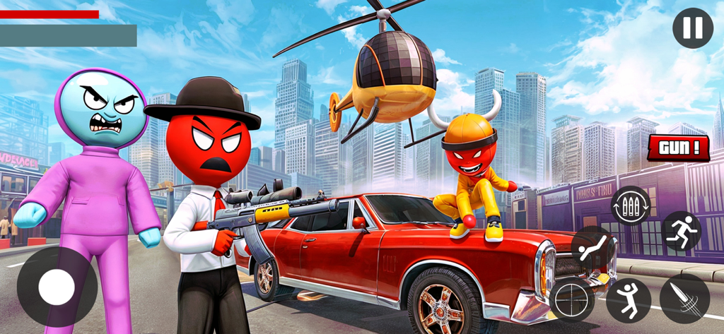 Crazy Stickman Hero Gangster - Three stickman characters with a gun and a red car in a city setting