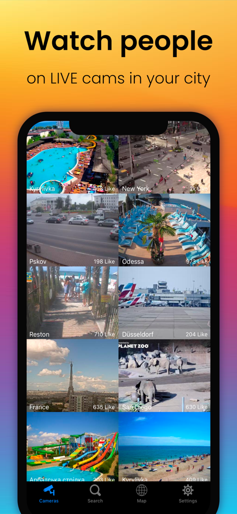 Live Camera – online web cams - Interfaz de la aplicación Live Camera que muestra una cuadrícula de transmisiones de video en vivo de varios lugares del mundo, incluyendo ciudades y naturaleza